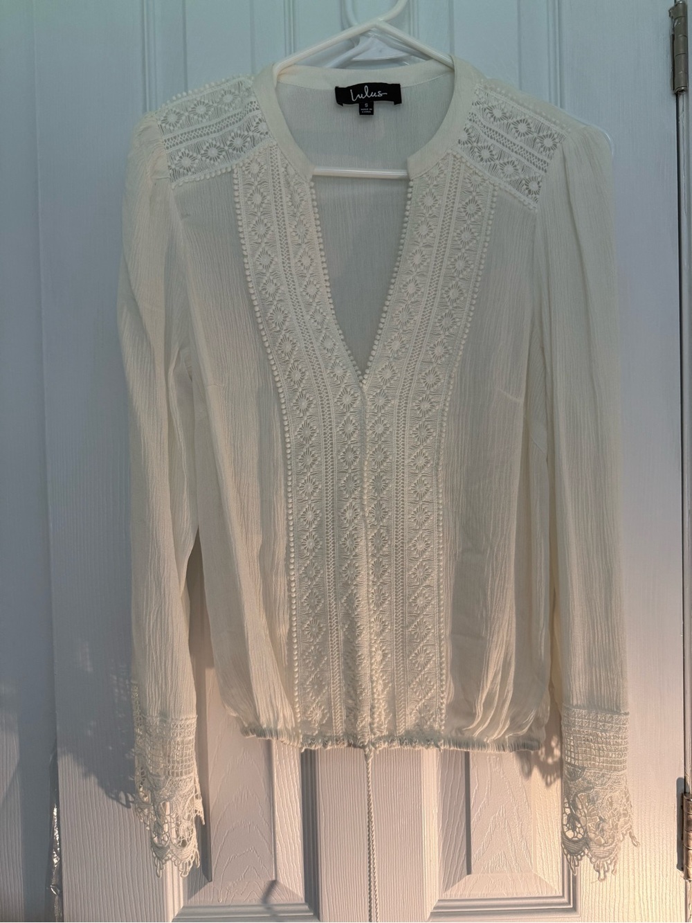 Lulu's Cream Crochet-Trim V-Neck Long Sleeve Blouse